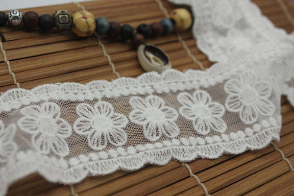 White Cotton Lace Ribbon with Floral Embroidery on Mesh Fabric - Cute, High Quality Trim for Sewing & Crafts