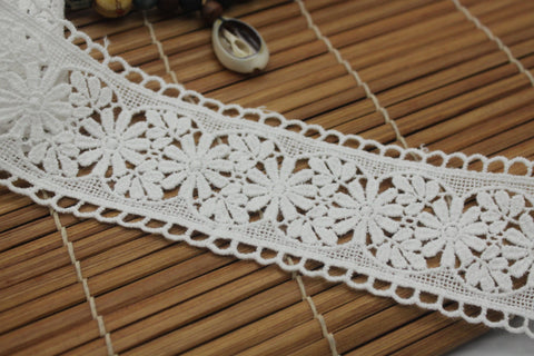 White cotton lace ribbon with flowers and leaves, 1 3/4 inches wide