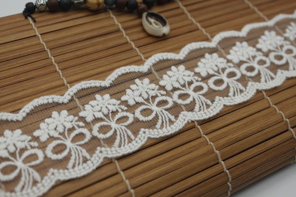 White Cotton Lace Ribbon: Embroidered Flowers, Scalloped Edge - 2 Inch