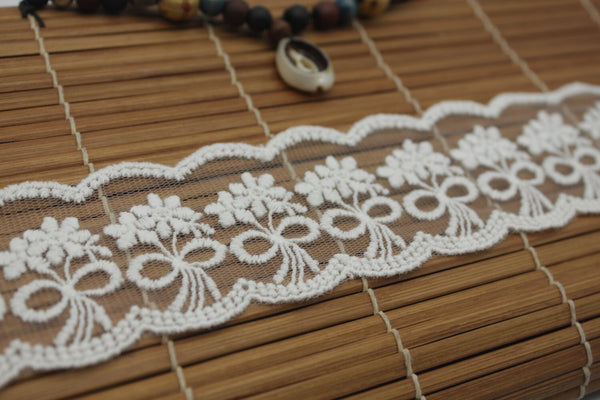 White Cotton Lace Ribbon: Embroidered Flowers, Scalloped Edge - 2 Inch
