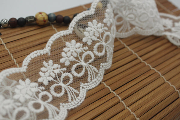 White Cotton Lace Ribbon: Embroidered Flowers, Scalloped Edge - 2 Inch