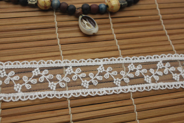 White Floral Embroidered Cotton Lace Ribbon - 1 1/4 Inch Wide