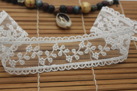 White Floral Embroidered Cotton Lace Ribbon - 1 1/4 Inch Wide