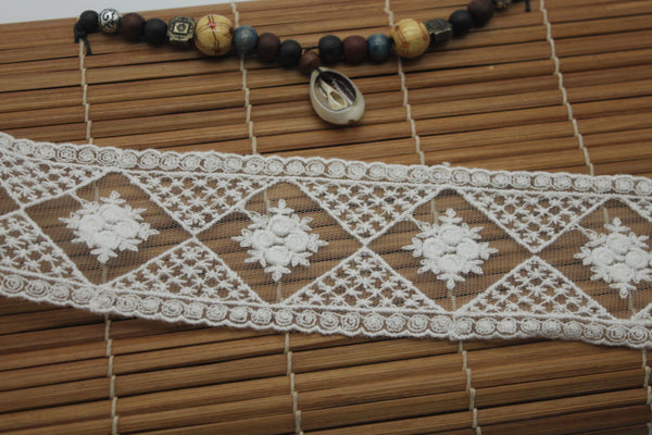 White cotton mesh lace ribbon with diamond pattern and flowers embroidered, 2 inches wide