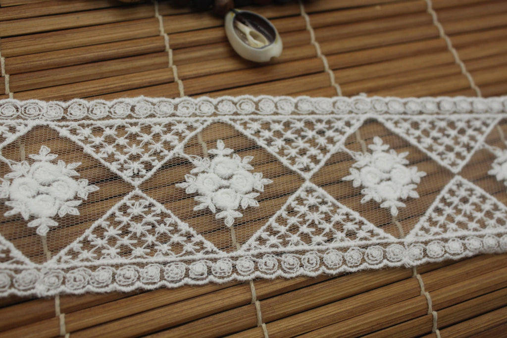 White cotton mesh lace ribbon with diamond pattern and flowers embroidered, 2 inches wide