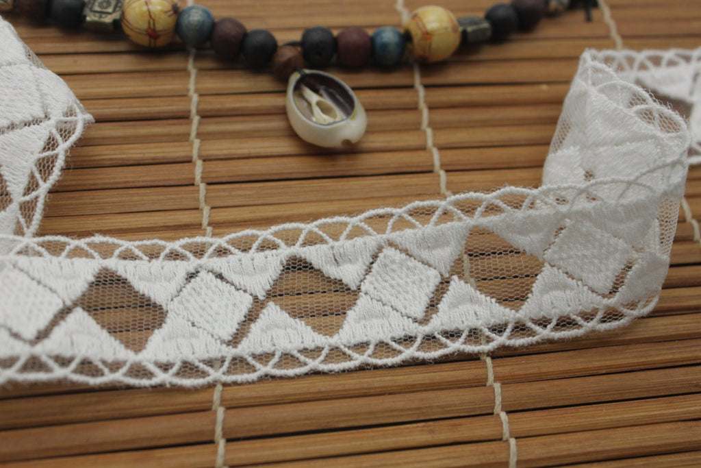 White Cotton Lace Ribbon: Embroidered Diamond Pattern, 1 1/4" Wide