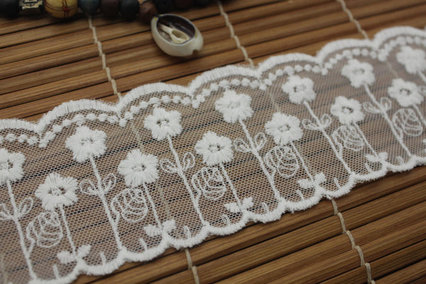 Embroidered White Cotton Lace Ribbon: Floral Scalloped Edge, 2 1/4" Wide