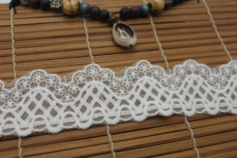 White Cotton Lace Ribbon: Floral Embroidered Scalloped Edge (1 1/2 inch)