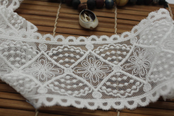 White cotton lace ribbon with diamond patterns and flower embroidered on mesh lace, 2 1/2 inches wide
