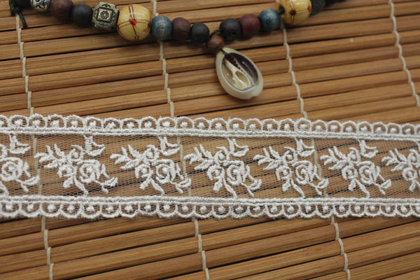 White cotton lace ribbon with flowers embroidered on mesh lace, 1 1/2 inches wide