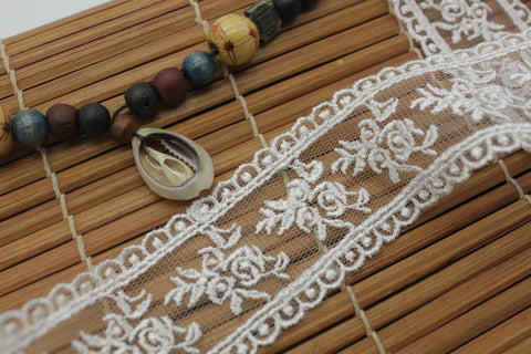 White cotton lace ribbon with flowers embroidered on mesh lace, 1 1/2 inches wide