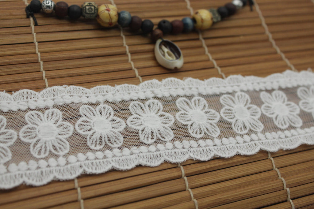 White Cotton Lace Ribbon with Floral Embroidery on Mesh Fabric - Cute, High Quality Trim for Sewing & Crafts