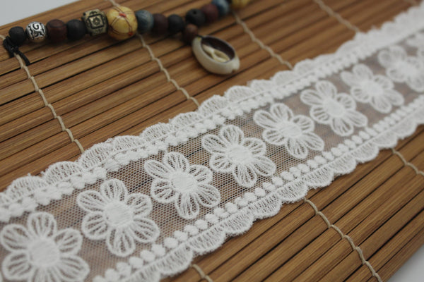 White Cotton Lace Ribbon with Floral Embroidery on Mesh Fabric - Cute, High Quality Trim for Sewing & Crafts