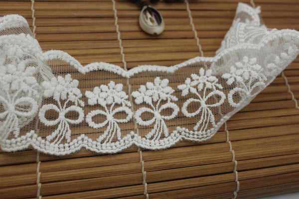 White Cotton Lace Ribbon: Embroidered Flowers, Scalloped Edge - 2 Inch