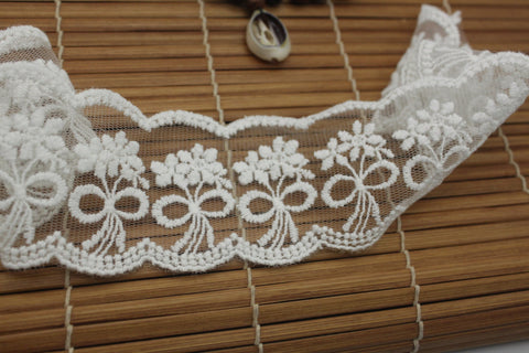White Cotton Lace Ribbon: Embroidered Flowers, Scalloped Edge - 2 Inch