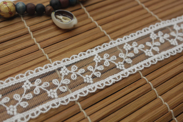 White Floral Embroidered Cotton Lace Ribbon - 1 1/4 Inch Wide
