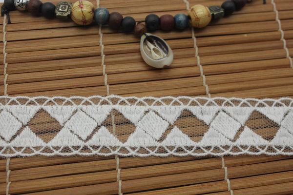 White Cotton Lace Ribbon: Embroidered Diamond Pattern, 1 1/4" Wide