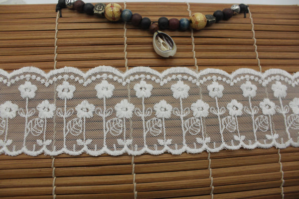 Embroidered White Cotton Lace Ribbon: Floral Scalloped Edge, 2 1/4" Wide