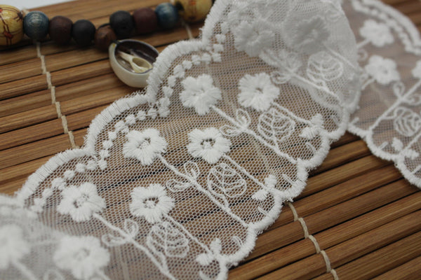 Embroidered White Cotton Lace Ribbon: Floral Scalloped Edge, 2 1/4" Wide