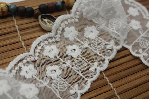 Embroidered White Cotton Lace Ribbon: Floral Scalloped Edge, 2 1/4" Wide