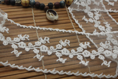 White cotton lace ribbon with flowers embroidered on mesh lace, 2 1/2 inches wide