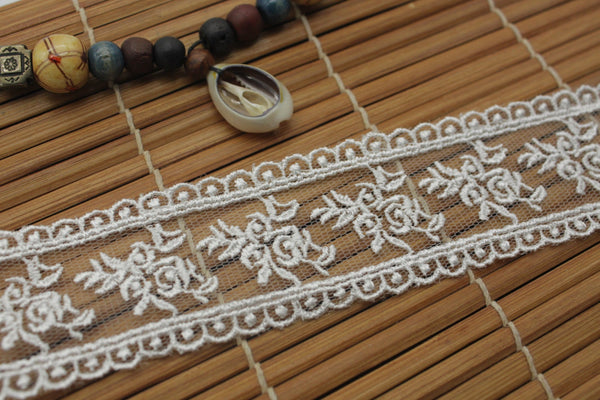 White cotton lace ribbon with flowers embroidered on mesh lace, 1 1/2 inches wide