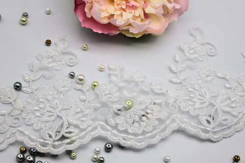 White Alencon Lace Trim: Bridal Wedding Dress Embroidery, 4 3/8" Wide