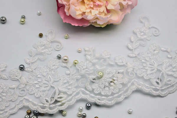 White Alencon Lace Trim: Bridal Wedding Dress Embroidery, 4 3/8" Wide