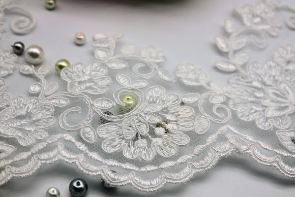 White Alencon Lace Trim: Bridal Wedding Dress Embroidery, 4 3/8" Wide
