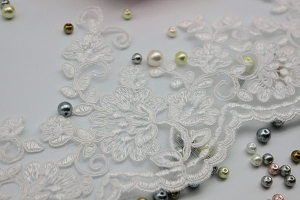 White Alencon Lace Trim: Bridal Wedding Dress Embroidery, 4 3/8" Wide