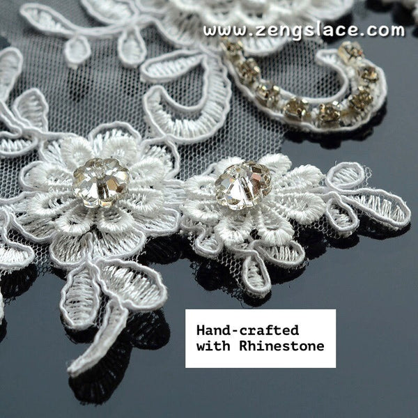 Bridal Lace Appliques: White Floral Rhinestone Wedding Dress Embellishment (Pair)