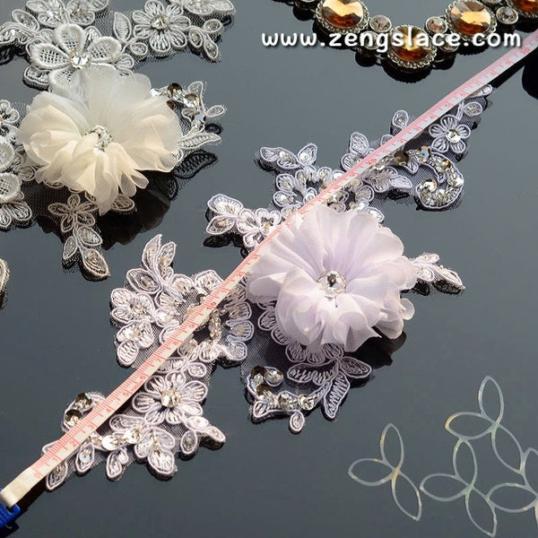 Bridal Lace Appliques: White Floral Wedding Dress Embellishments (Pair)