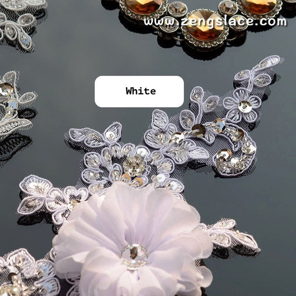 Bridal Lace Appliques: White Floral Wedding Dress Embellishments (Pair)