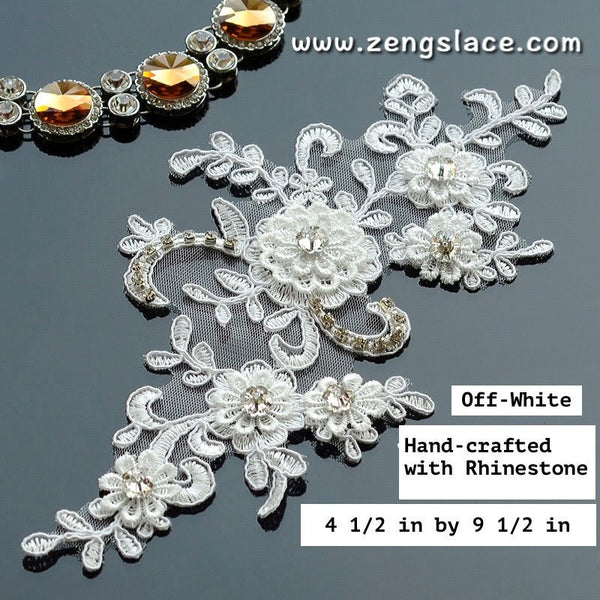 Bridal Lace Appliques: White Floral Rhinestone Wedding Dress Embellishment (Pair)