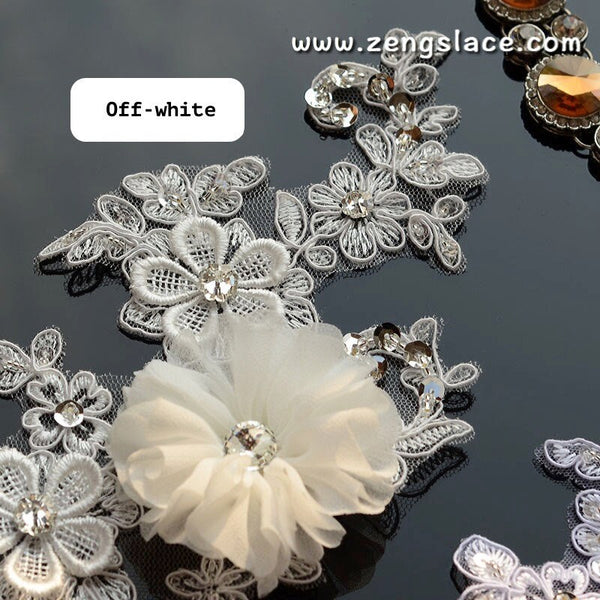 Bridal Lace Appliques: White Floral Wedding Dress Embellishments (Pair)