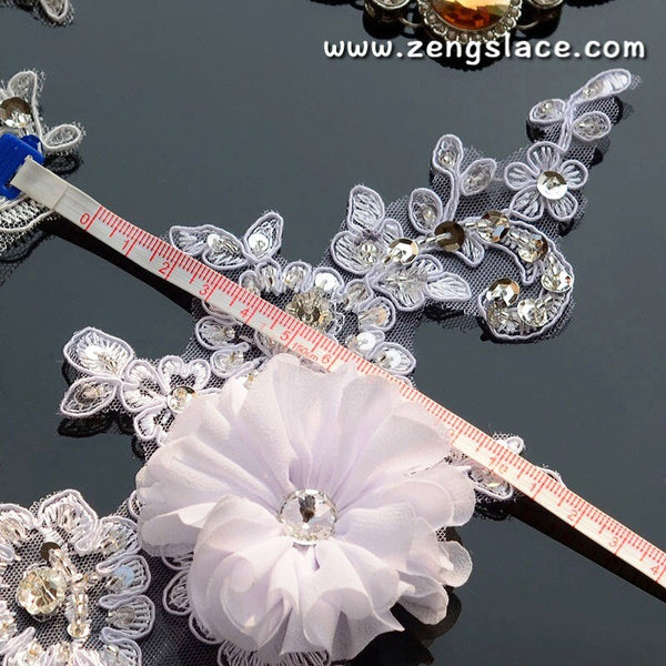 Bridal Lace Appliques: White Floral Wedding Dress Embellishments (Pair)