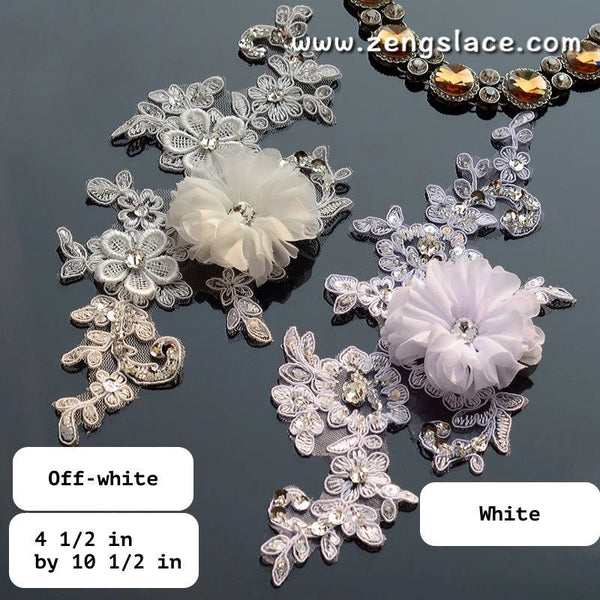 Bridal Lace Appliques: White Floral Wedding Dress Embellishments (Pair)