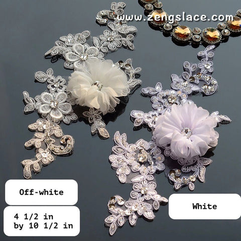 Bridal Lace Appliques: White Floral Wedding Dress Embellishments (Pair)