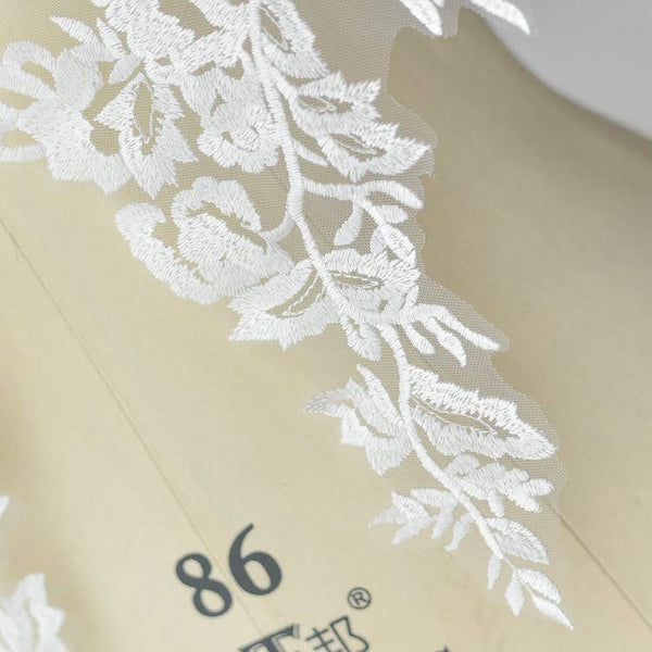 White Floral Lace Applique - Bridal Dress Trim (Pair)