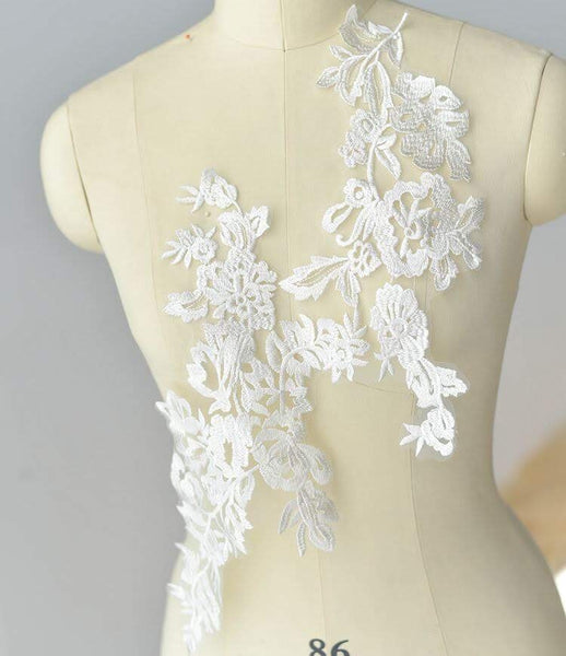 White Floral Lace Applique - Bridal Dress Trim (Pair)