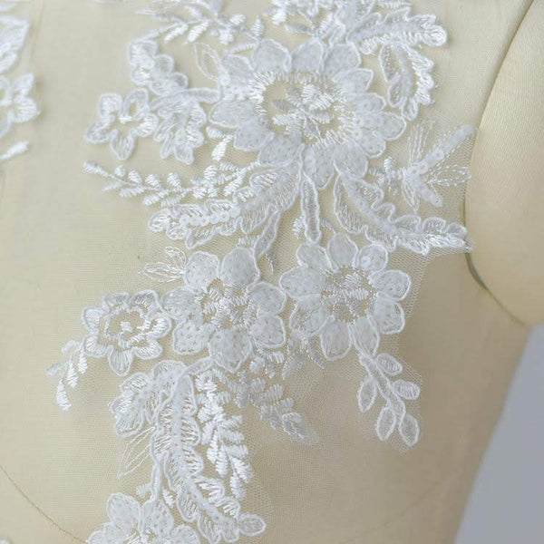 White Floral Lace Applique - Bridal Dress Trim (Pair)