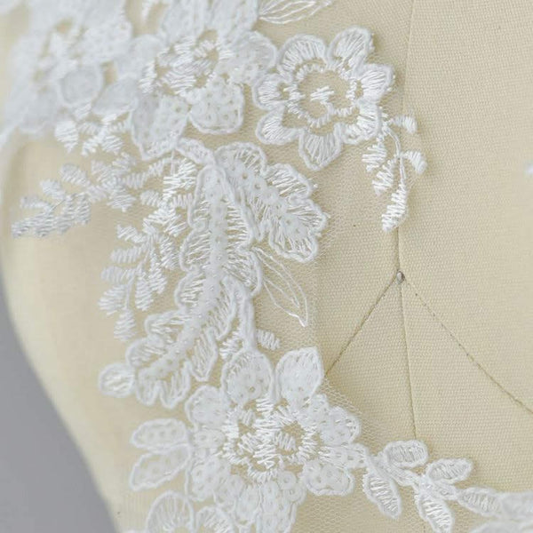 White Floral Lace Applique - Bridal Dress Trim (Pair)