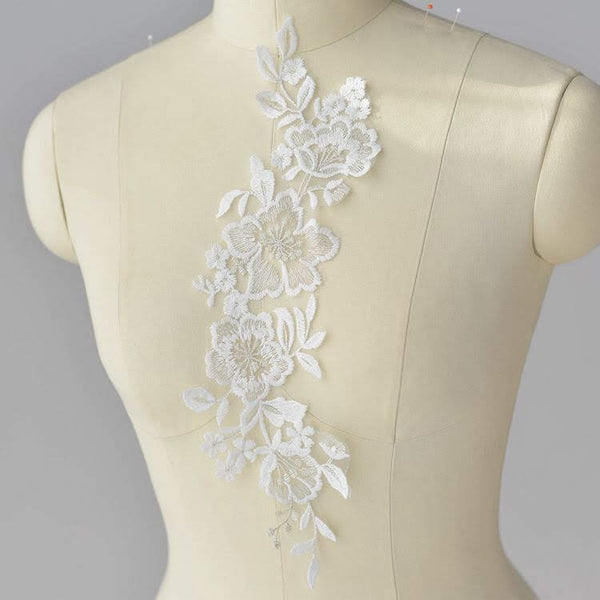 White Floral Lace Applique - Bridal Dress Trim (Pair)