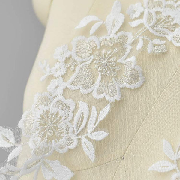 White Floral Lace Applique - Bridal Dress Trim (Pair)