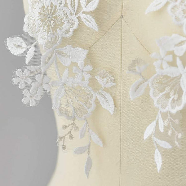White Floral Lace Applique - Bridal Dress Trim (Pair)