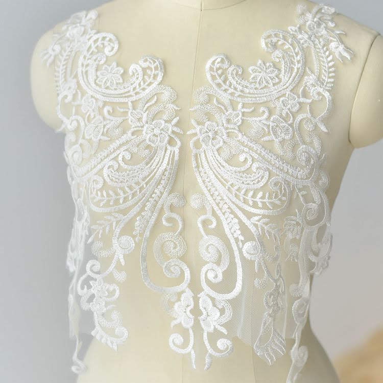 Bridal Lace Applique Pair: Embroidered Wedding Gown Embellishment