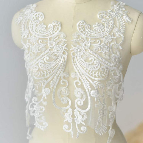 Bridal Lace Applique Pair: Embroidered Wedding Gown Embellishment