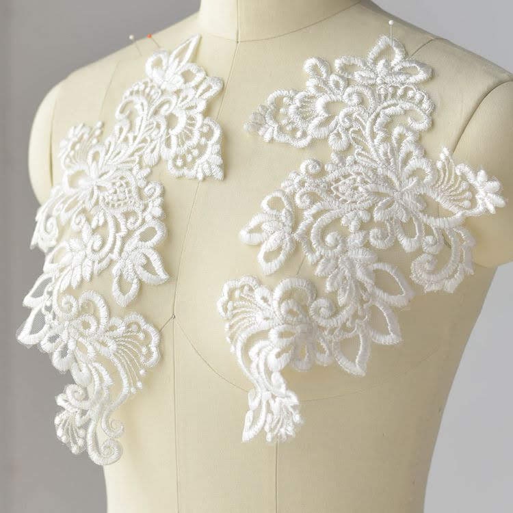 White Bridal Lace Applique Pair: Wedding Dress Trim