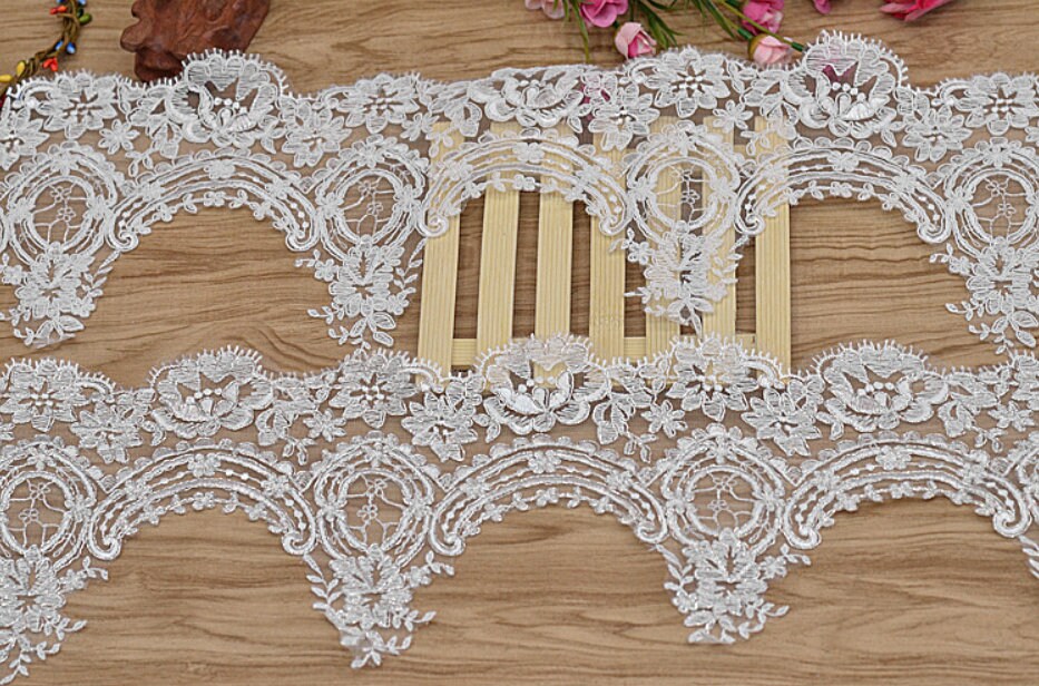 Alencon Bridal Lace Trim: White Wedding Dress Fabric