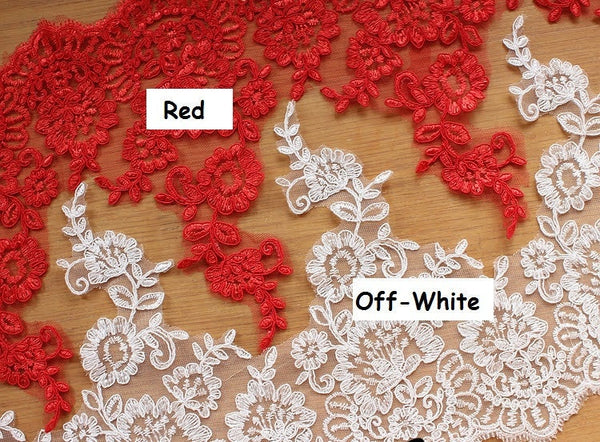 White Alencon Lace Trim: Bridal Wedding Dress Fabric (10 5/8" Wide)